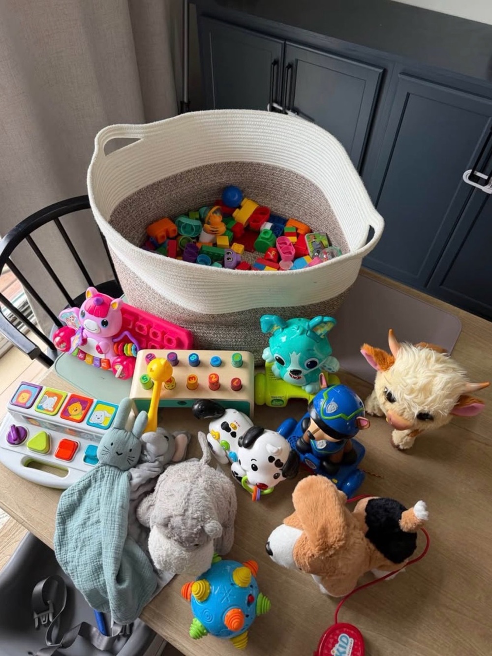 Kids Toy Bundle with White & Beige Storage Basket and Colorful Toys